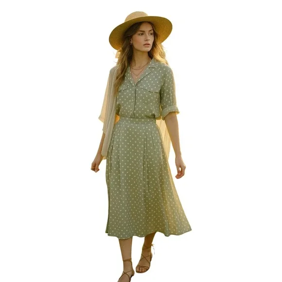 Vintage Rayon Skirt Set Polka Dot Sage Midi Tea Dress Cottagecore 12 - Picture 2 of 10